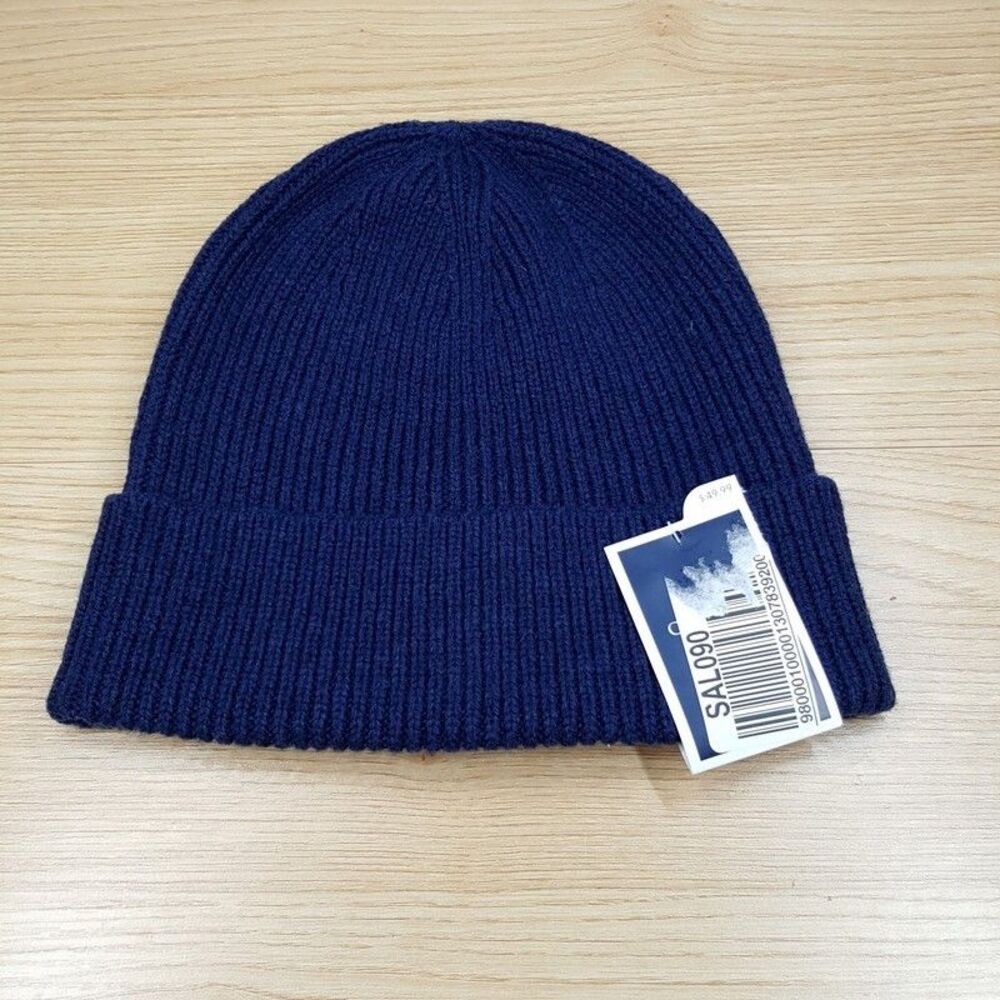 CLUB ROOM Mens Beanie Hat Blue 100% Wool Ribbed Cuffed Stretch Knit Winter